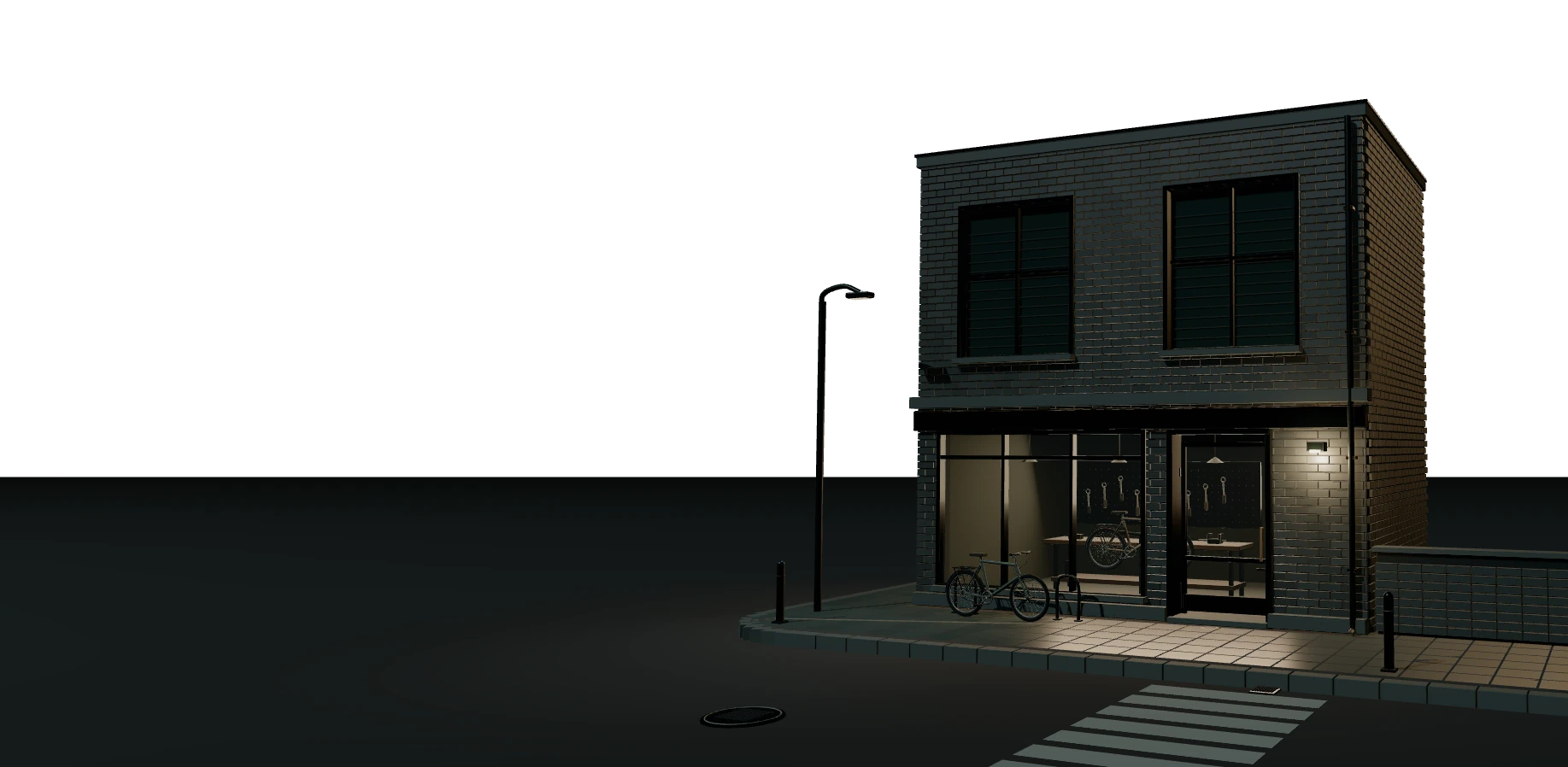 Een gevel van een fietsenmaker met metselwerk, fietsen en een aansluitende straat.